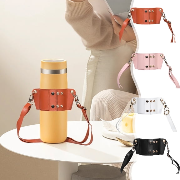 Adjustable Leather Crossbody Water Bottle Carrier Strap Mug Sleeve for Outdoor Hiking and Everyday Use