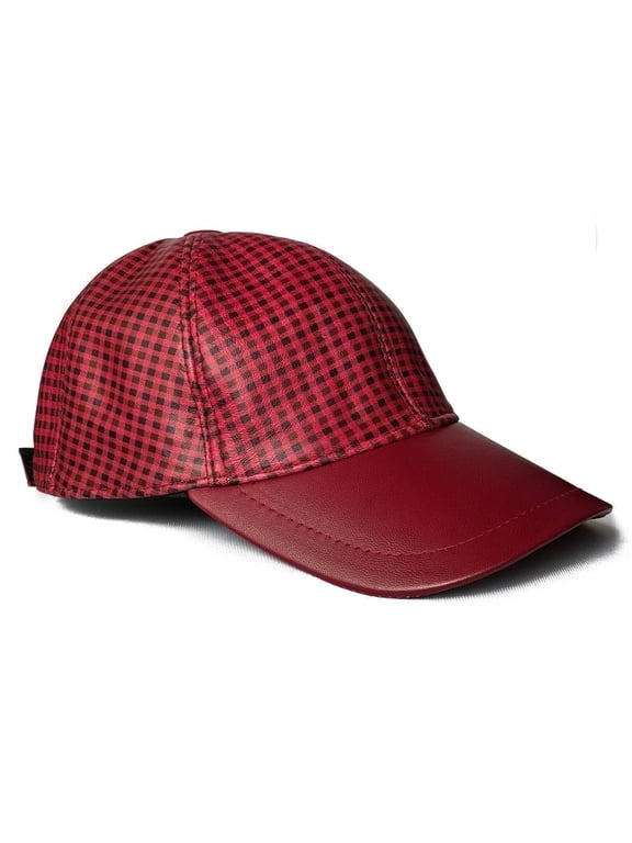 Adjustable Leather Hat Genuine Lambskin Leather Baseball Cap Sports Visor Unisex (Leather, Rasberry Check)