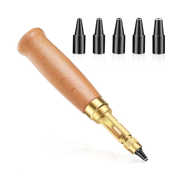 Adjustable Leather Hole Punch Automatic Screw Hole Punch Tool with Wood Color Wooden Handle Bookbinding Tool Leather Hole Punch with 6 Tips Size 1.5mm/2mm/2.5mm/3mm/3.5mm/4mm