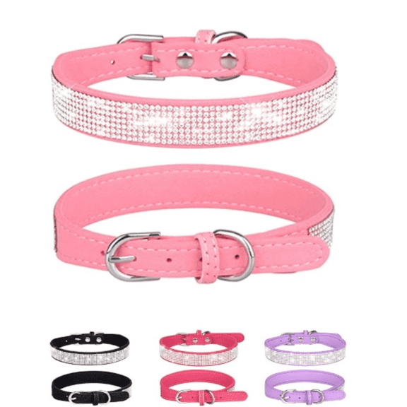 Adjustable Leather Suede Bling Collars For Small Dog's, Cat , Rhinestone (XS, Pink)