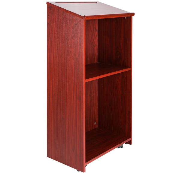 Adjustable Lectern Podium Stand with Wheels, 47" Wooden Speaker Desk with Storage Shelf, Mobile Presentation Podium for Office, Church, School Events, Brown
