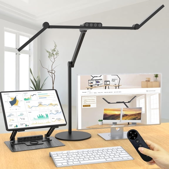 Adjustable Led Desk Light for Home Office with Base, 24W Bright Auto Dimming Table Light Rotatable Office Lamp with Swing Arm for Computer Cafting