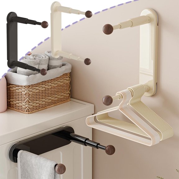 Adjustable Length Drill-Free Retractable Clothes Hanger Organizer, Heavy-Duty Space-Saving Wall Mounted Rack with Hooks for Balcony Laundry Room Wardrobe Closet Home Use, Black