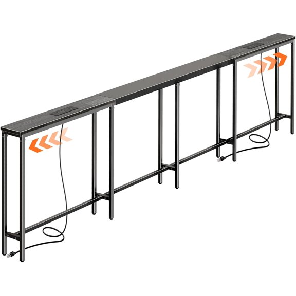 Adjustable Length Narrow Sofa Table with 2 Power Outlets and USB-C Port, 110.2-157.5 Inch Long Entryway Console Table with Anti-Tip Kit, Grey