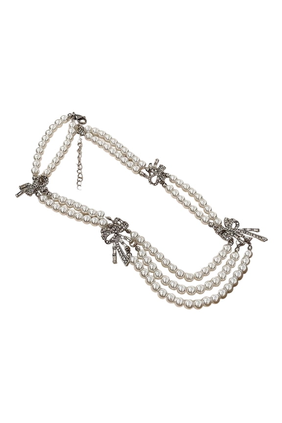 Adjustable Length Neckchain Fashionable Layered Necklace with Faux Pearls and Decorative Bowknot Sophisticated Jewelry