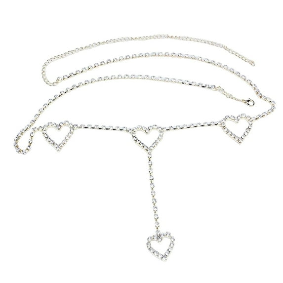 Adjustable Length Sparkly Crystal Body Chain, Love Heart Waist Statement Bikini Party Body Jewelry, Stylish Popular Silver Boho Style for Women and Girls