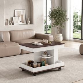 Adjustable Lift-Top End Table with 360° Rotating Top and Storage - Brown & White