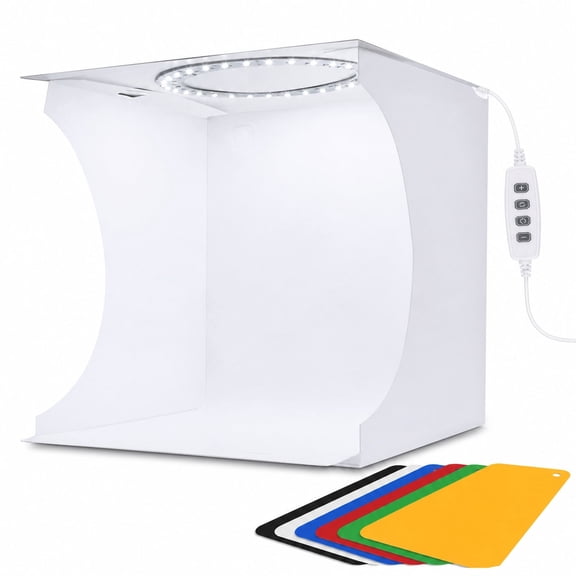 Adjustable Light Photo Studio Box, Mini Photo Light Box, Portable Black Photography Lighting Softbox 6 Color Backdrop Kit with Ring Light Control