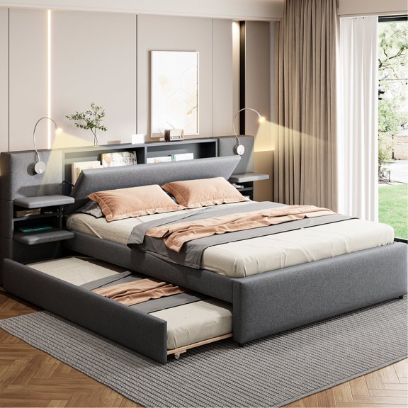 Adjustable Lighting & Ample Storage - Queen Gray Platform Bed for Relaxing Reading and Organized Space