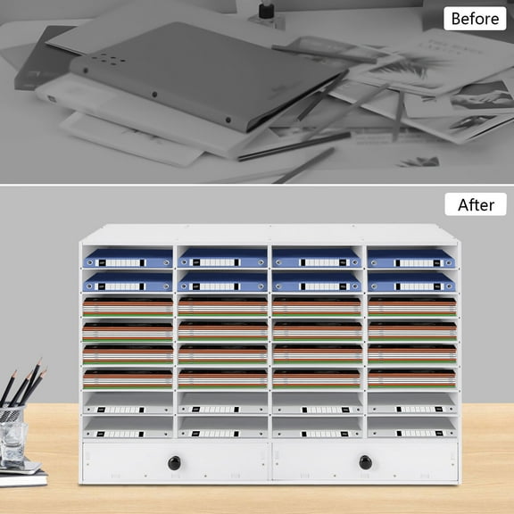 Adjustable Literature Organizer, 32 Compartment with 2 Drawers White