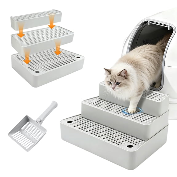 Adjustable 3-Step Cat Ramp for Litter Box, Litter Catcher Tray for Auto Litter Robots, 14"x9"x7"