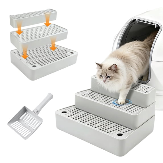 Adjustable 3-Step Cat Ramp for Litter Box, Litter Catcher Tray for Auto Litter Robots, 14"x9"x7"