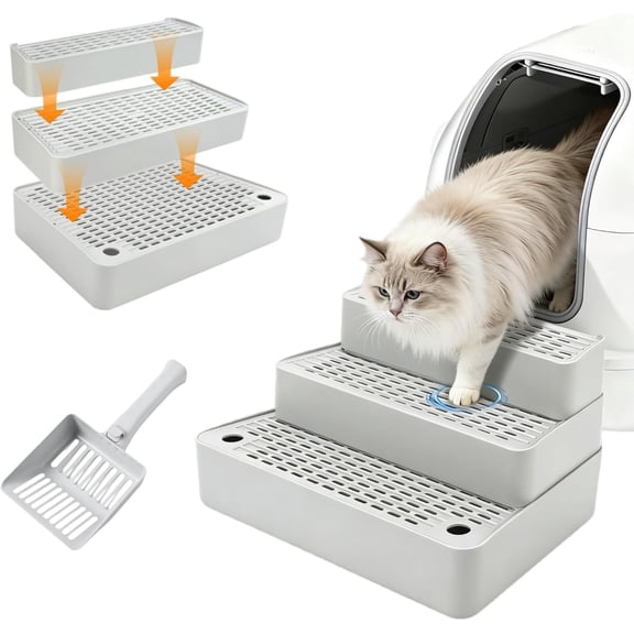Adjustable Litter Box Step Ramp, 3-Step Litter Catcher Tray, for Auto Litter Robots, Easy Clean, for Kittens and Senior Cats