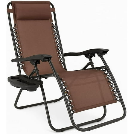 Adjustable  Lounge Chair with Steel Mesh Fabric, Reclining Outdoor Chair with Comfort Pillow and Cup Holder
