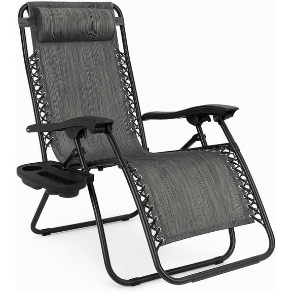 Adjustable  Lounge Chair with Steel Mesh Fabric, Reclining Outdoor Chair with Comfort Pillow and Cup Holder