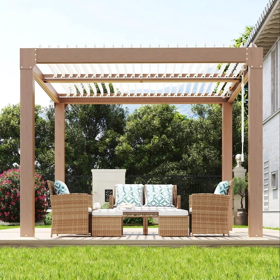 Adjustable Louvered Roof Pergola, 10'x10' Aluminum Patio Hardtop Pergola with Built-In Drainage & Reinforced Frame All-Weather Outdoor Shelter for Deck, Backyard, Garden, Wood Grain Color