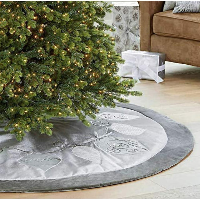 Adjustable Luxury Christmas Tree Skirt Silver with Satin Ornaments