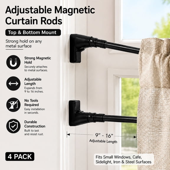 Adjustable Magnetic Curtain Rods 2 Pack for Metal Doors, Top and Bottom Mount, 9 to 16 Inch Black Rods for Small Windows, Cafe Curtains, and Iron Surfaces
