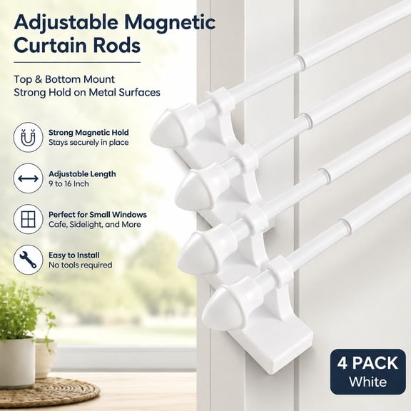 Adjustable Magnetic Curtain Rods 4-Pack for Metal Doors and Windows, Multi-Use White Rods 9-16 Inch for Small Windows, Cafe Sidelights, Steel Frames