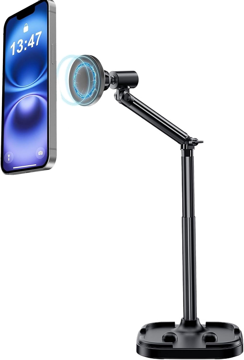 Adjustable Magnetic iPhone Stand for Desk, Phone MagStand Filming, Holder Compatible with and All Mobile Phones Tablet (with 2Pcs Rings)