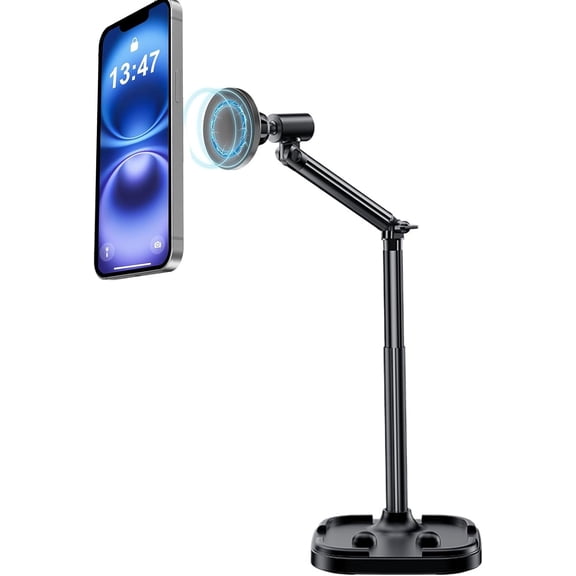 Adjustable Magnetic iPhone Stand for Desk, Phone MagStand Filming, Holder Compatible with and All Mobile Phones Tablet (with 2Pcs Rings)