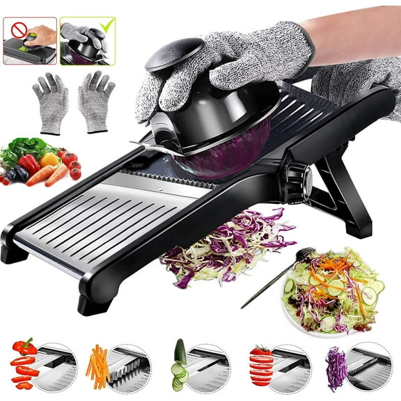 Yolispa Adjustable Mandoline Slicer, Stainless Steel Vegetable Dicer & Grater, Safe French Fry Cutter with Gloves