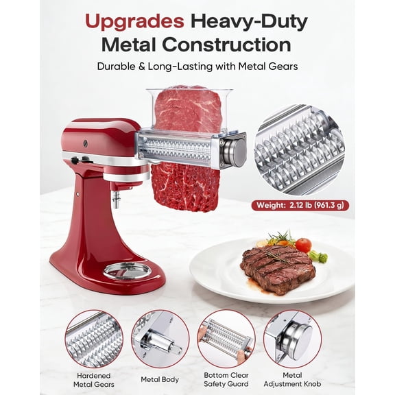 Adjustable Meat Tenderizer Attachment for  Stand Mixers with 3 Thickness Settings and Wide Metal Wheel
