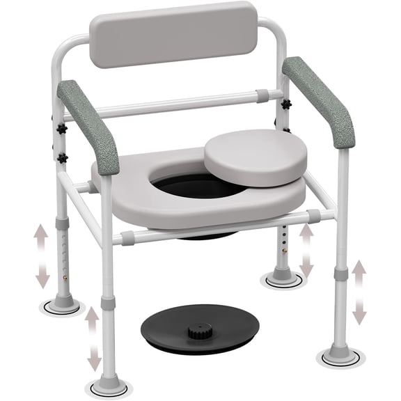 Adjustable Medical Bedside Commode Chair with Padded Backrest, Drop Arm Support, Height Adjustable White