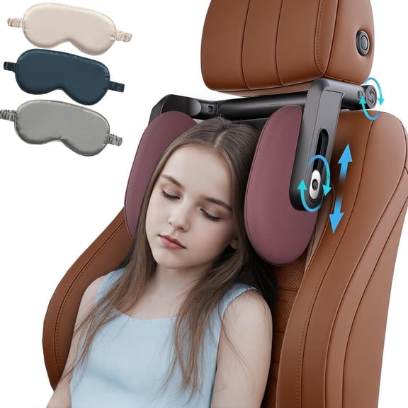 Adjustable Memory Foam Car Headrest Pillow with Hook, 360 ° Rotating Neck Support & Ice Silk Cover, Includes Travel Sleeping Eye Mask for Kids and Adults