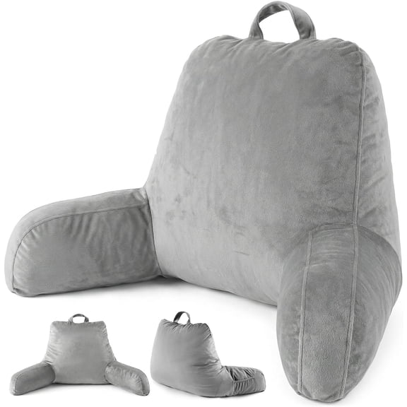 Adjustable Memory Foam Reading Pillow with Arms for Adults - Bed Rest Pillow with Lumbar & Neck Support, Soft Velvet Cover, Machine Washable, Deep Side Pocket & Carry Handle, Grey