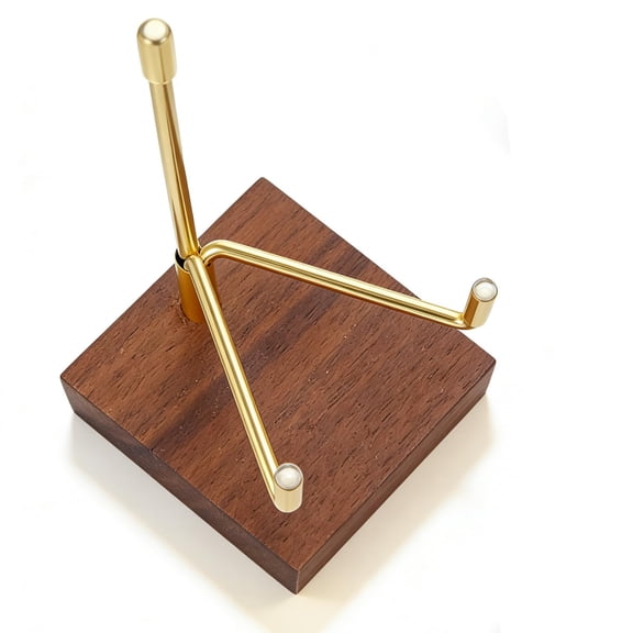 Adjustable Metal Arms Display Stand, Walnut Base Small Easel Holder, Decorative Plate Stand for Home Office, Medal Card Photo Display Easel