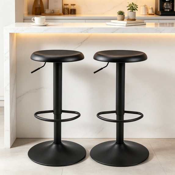 Black Bar Stools Set of 2, 360° Swivel Round Adjustable Counter Height Bar Stools, Industrial Backless Metal Bar Chairs for Kitchen Island with Footrest