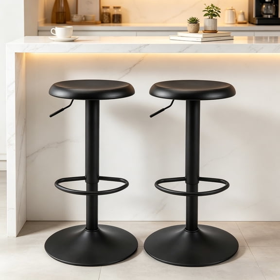Black Bar Stools Set of 2, 360° Swivel Round Adjustable Counter Height Bar Stools, Industrial Backless Metal Bar Chairs for Kitchen Island with Footrest