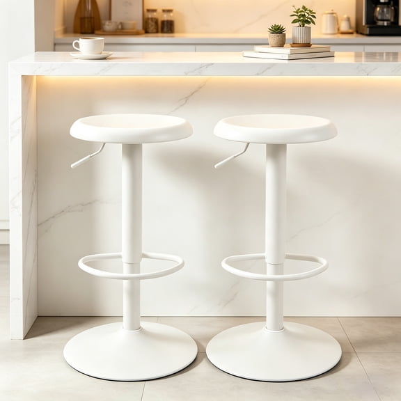 White Bar Stools Set of 2, 360° Swivel Round Adjustable Counter Height Bar Stools, Industrial Backless Metal Bar Chairs for Kitchen Island with Footrest