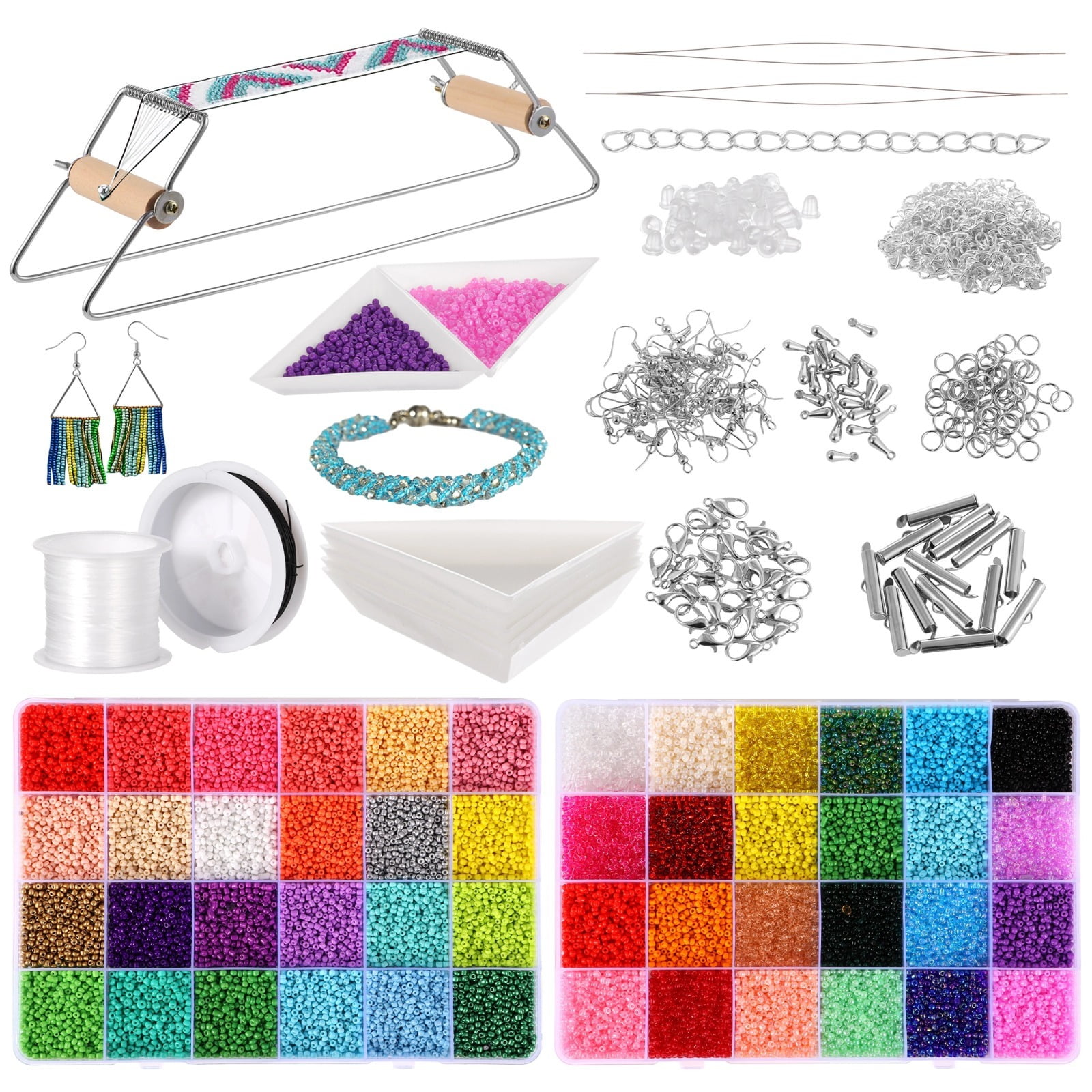 Adjustable Metal Bead Loom Kit, Loom Beading Supplies with 46000 Glass Seed Beads 2 Bead Needles Trays, Bead Loom Set, DIY Bracelet Necklace Earring Jewelry Making Set, Gift for Craft Lovers