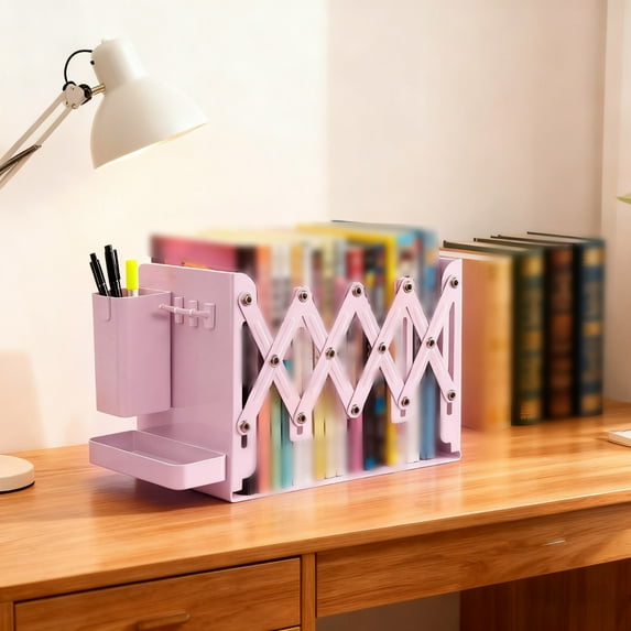 Adjustable Metal Book Ends - Heavy Duty Book Holder Organizer with Removable Pen Tray & 3 Hooks for Home/Office (Max 17.72inch(45cm)),Pink