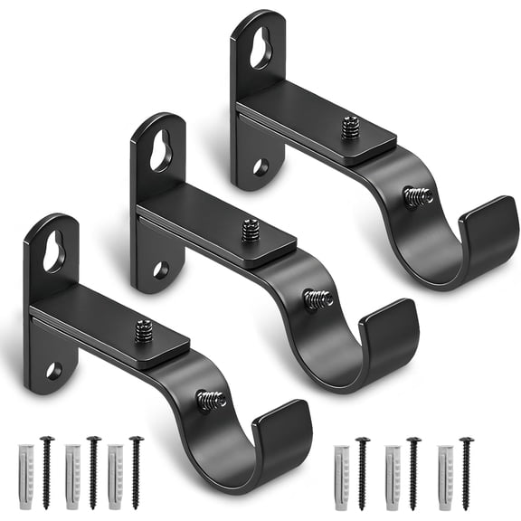 Adjustable Metal Curtain Rod Brackets – Window Drapery Rod Holders & Hooks for 1" Rods, Heavy Duty, Set of 3, Black