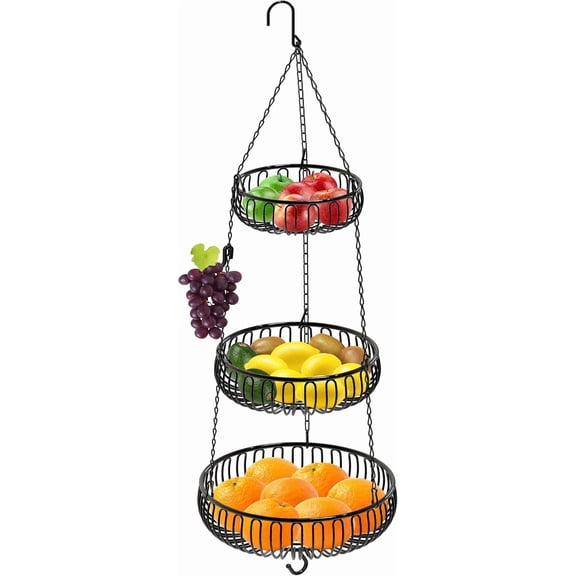 Simple Houseware Adjustable Metal Hanging Fruit Basket, Oblate, Black, 11" W x L 30" H