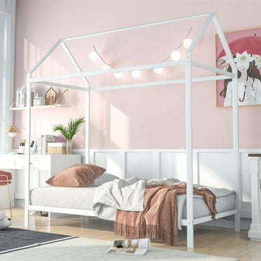 Adjustable Metal House Platform Bed with Roof, Twin Size Platform Bed Frame with Slats Support, Twin Floor House Bed, Multifunctional Tent Bed for Teens, Can Be Decorated, No Box Spring Needed, White