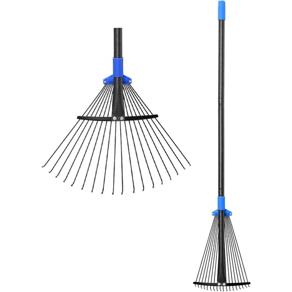 Adjustable Metal Leaf Rake with Long Handle, Heavy Duty Expandable Garden Rake for Lawns, Leaves, Yard, Gardening, RV, and Camping, 8-17" Head
