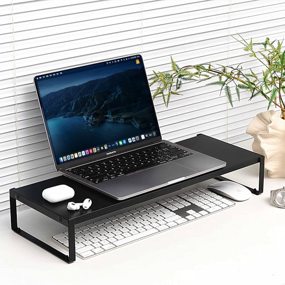 Adjustable Metal Monitor Stand - 11.6"-21.3" Ergonomic Desktop Riser for Computer/Laptop/TV Heavy-Duty Office Shelf with Space-Saving Design (Black)