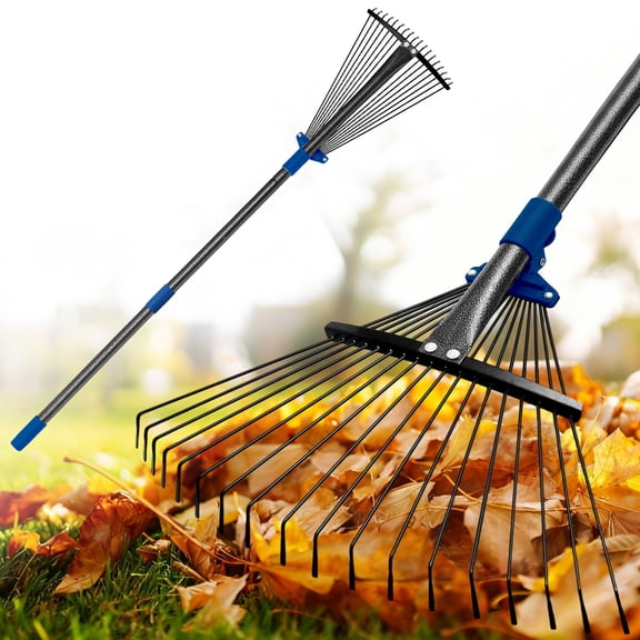FENHRTVM Rake for Leaves,18 Teeth Adjustable Mental Garden Rake 62in Black Leaf Rakes for Lawns