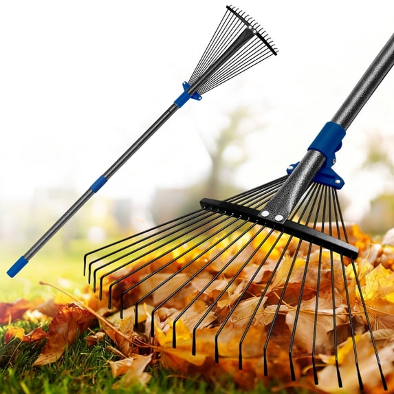 FENHRTVM Rake for Leaves,18 Teeth Adjustable Mental Garden Rake 62in Black Leaf Rakes for Lawns