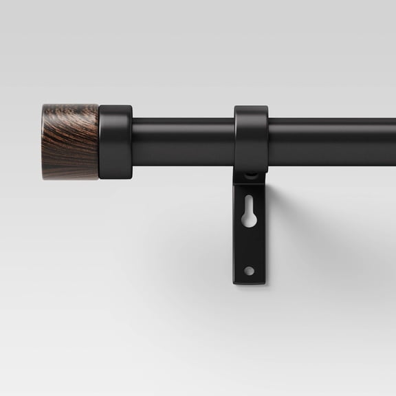Adjustable Metal Single Curtain Rod, Walnut Wood Caps, 30lb Capacity