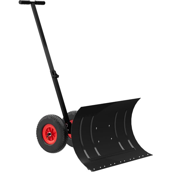 Adjustable Metal Snow Pusher with Wheels, Ergonomic Double-Rod Handle for Effortless Driveway & Sidewalk Clearing