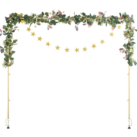 Adjustable Metal Table Arch Stand with Rattan 13-42 Inch Height 28-98 Inch Length Over Table Rod Clamps for Wedding Birthday Christmas Decorations Gold