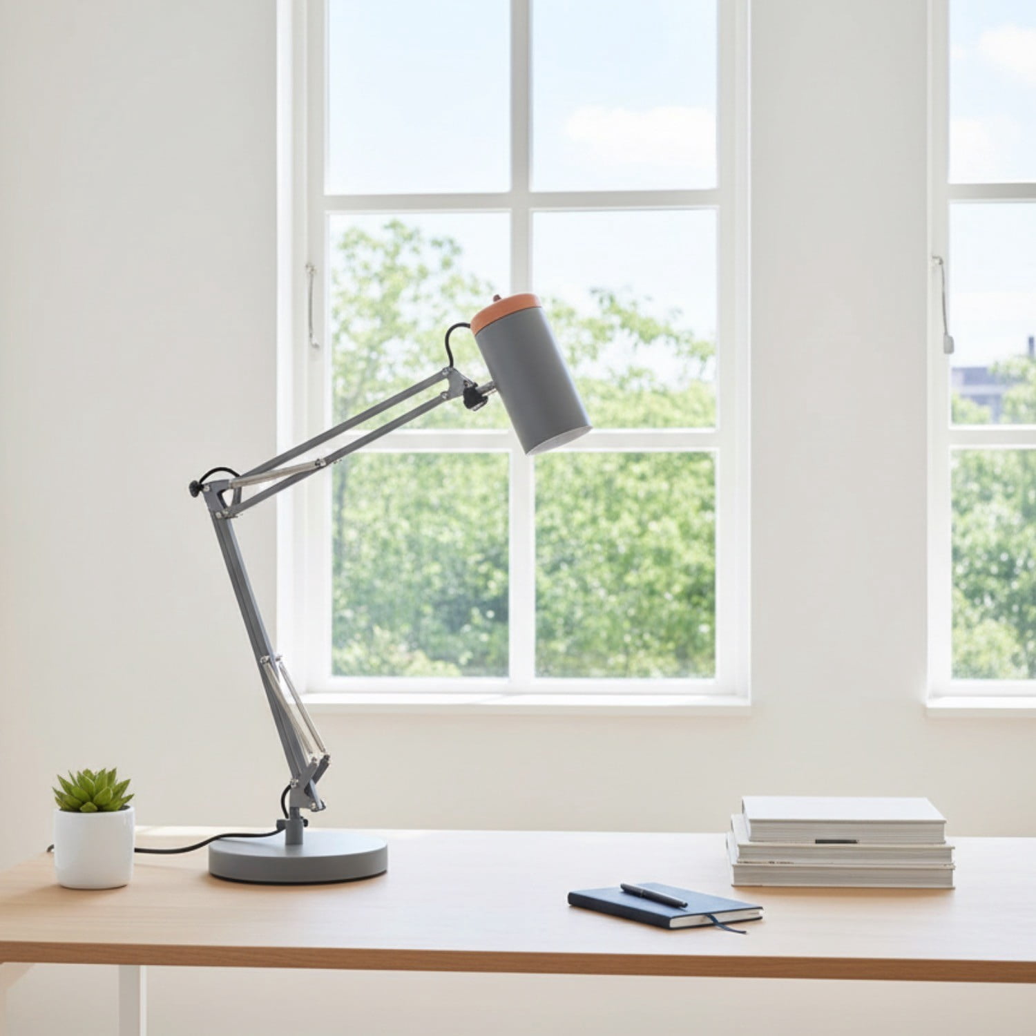 Adjustable Metal Table Lamp, Large Size Max Height 26", E26 Base, Swing Arm Desk Light with Wooden Accent, Gray