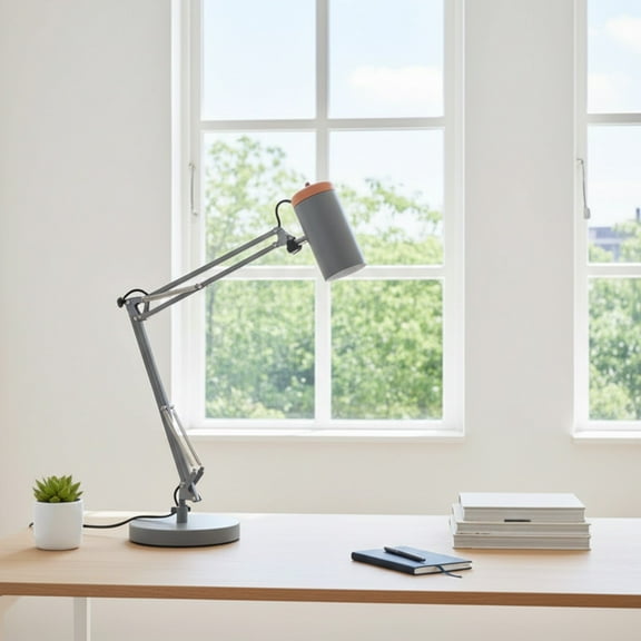 Adjustable Metal Table Lamp, Large Size Max Height 26", E26 Base, Swing Arm Desk Light with Wooden Accent, Gray