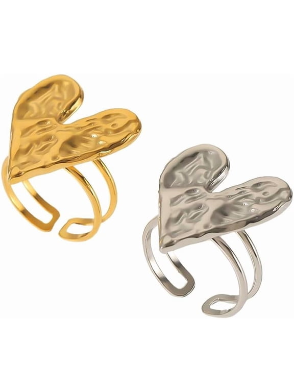 Adjustable Metallic Heart-Shaped Rings, 18k Gold And Silver Plated Stainless Steel Lava Love Open Ring For Women,Jewelry Gifts For Birthday