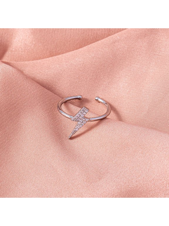 Adjustable Micro-Inlaid Zircon Lightning Ring, Copper Electroplated European Style, Simple Opening Design for Daily Wear